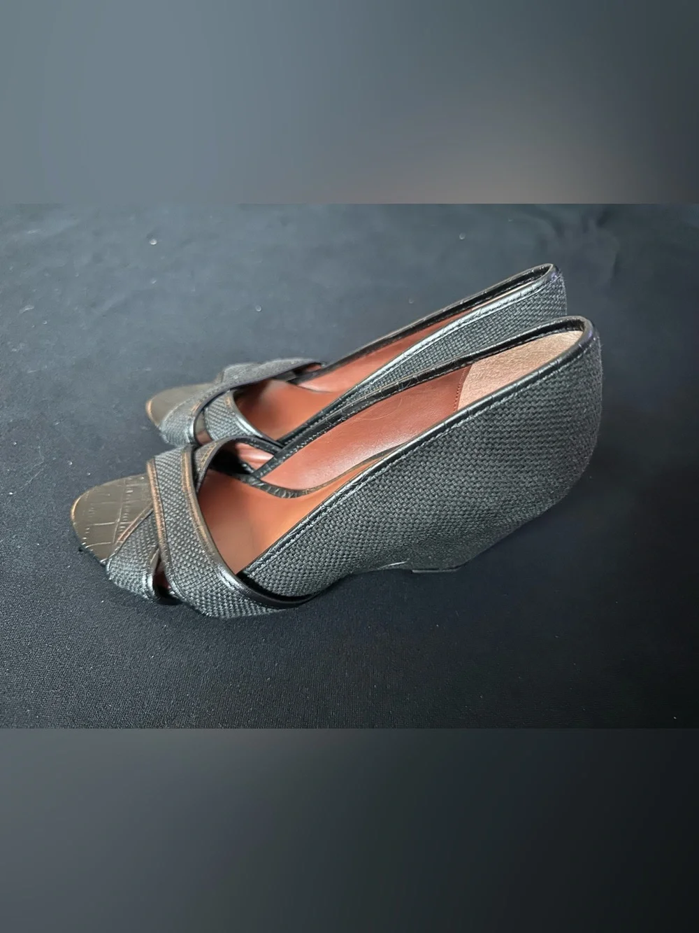 Elizabeth and James Black Textured Wedge Peep-Toe Pumps 6